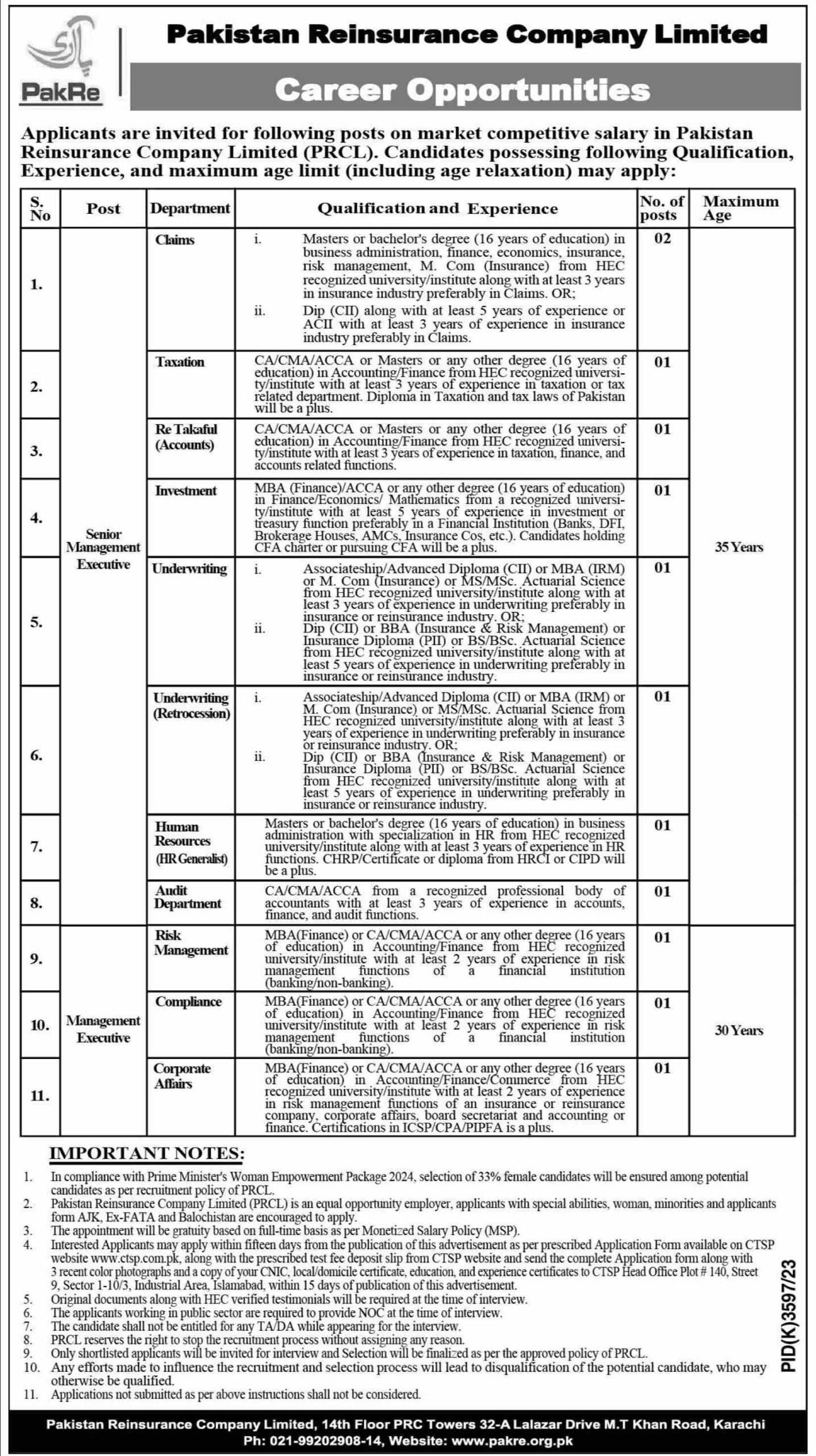 Pakistan Reinsurance Company Limited PRCL Jobs 2024 