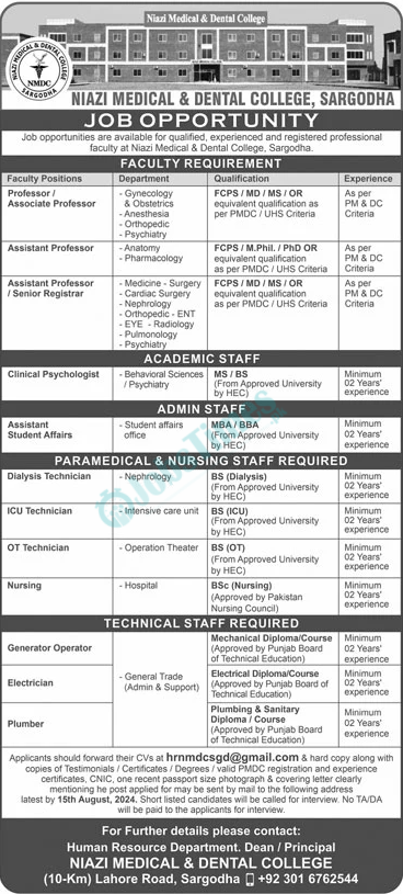 Niazi-Medical-Dental-College-NMDC-Sargodha-Jobs-2024