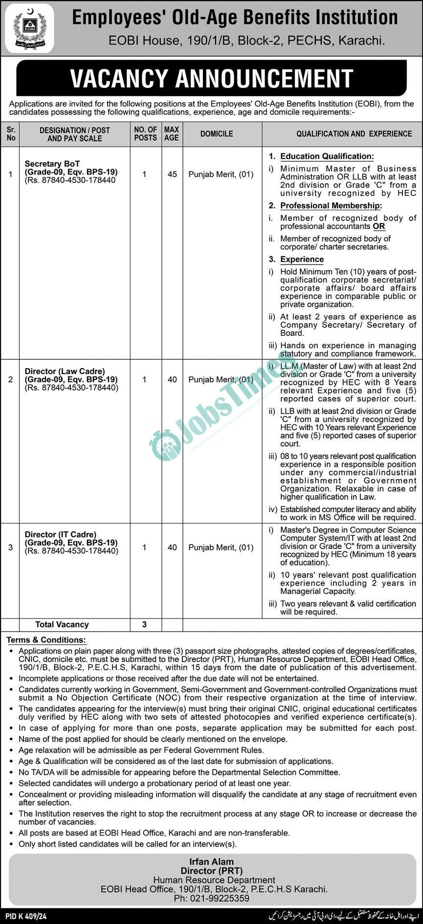 Employees Old Age Benefits Institution EOBI Jobs 2024