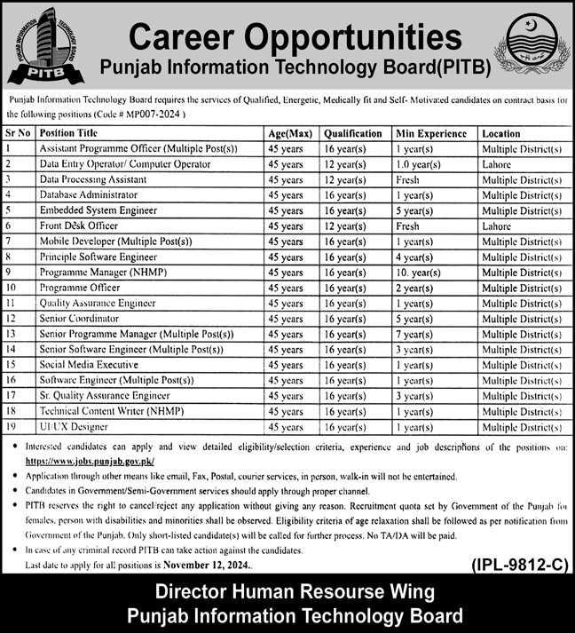 PITB Jobs 2024 Advertisement