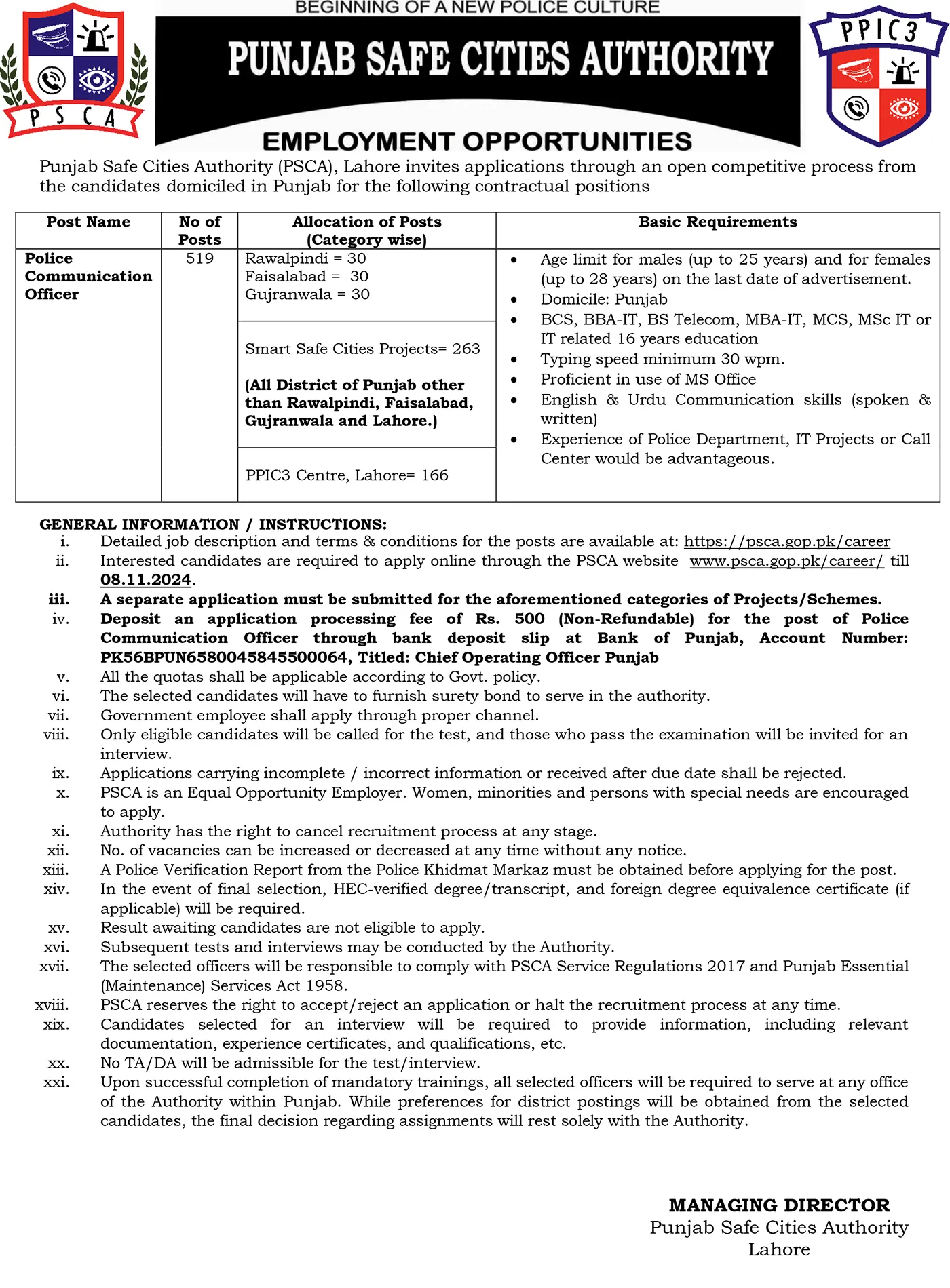 Police Communication Officer Jobs 2024 in Punjab at PSCA)