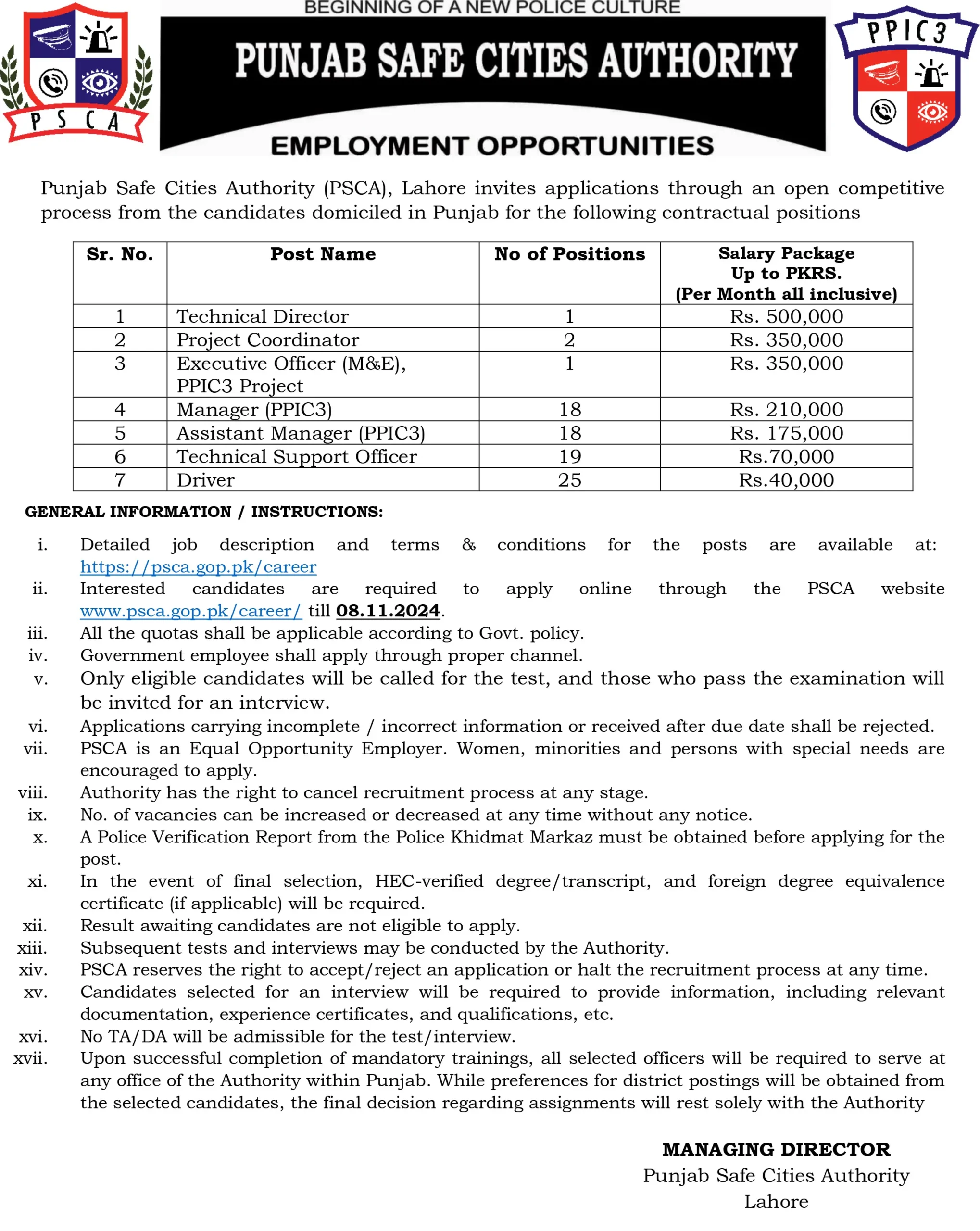 Punjab Police Safe Cities Authority (PSCA) Jobs 2024