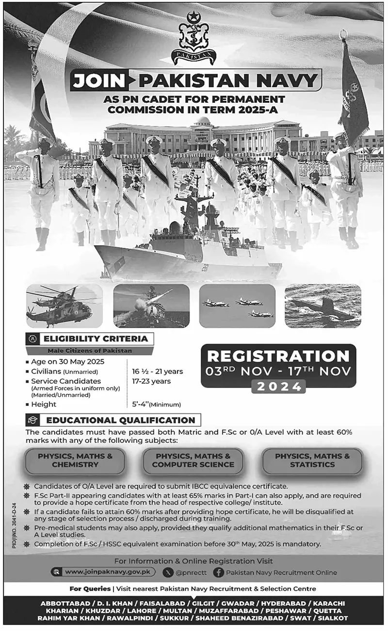 Pakistan Navy as PN Cadet for Permanent Commission advertisement