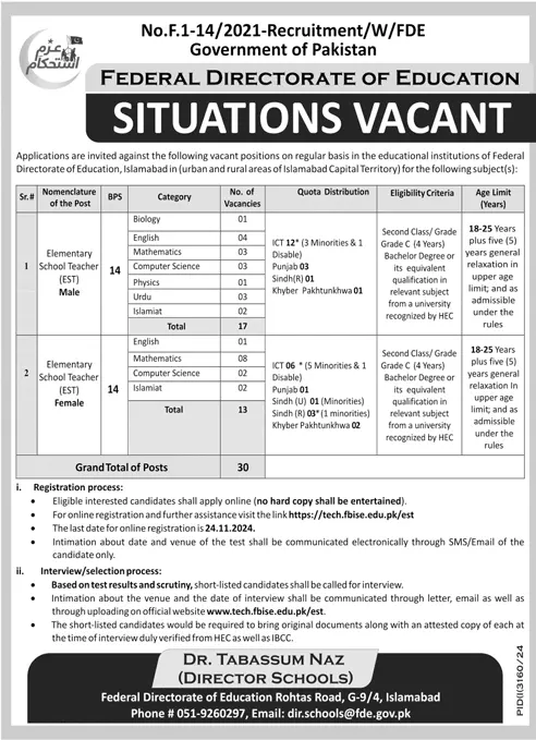 Federal Directorate of Education FDE Jobs 2024 Advertisement