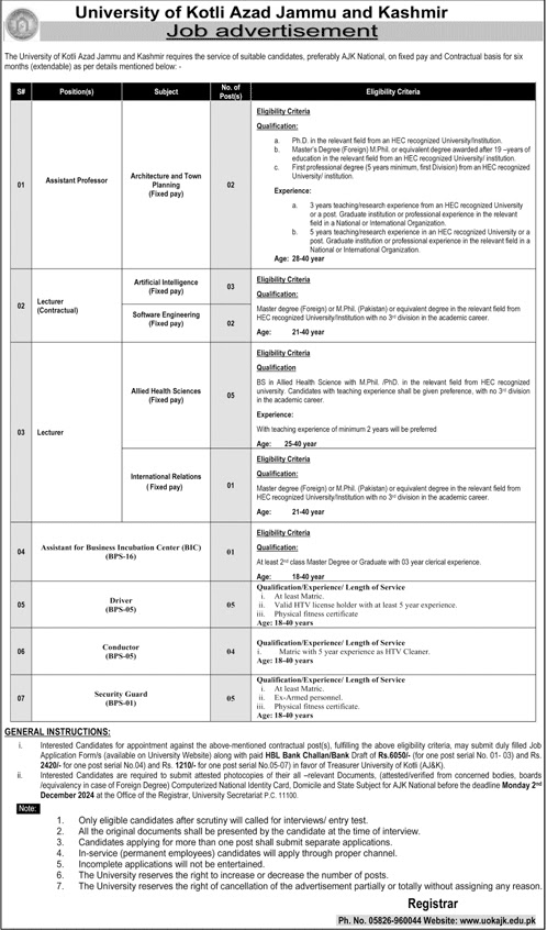 University of Kotli Azad Jammu and Kashmir Jobs 2024