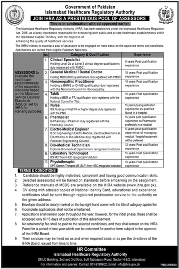 Islamabad Healthcare Regulatory Authority IHRA Jobs 2024