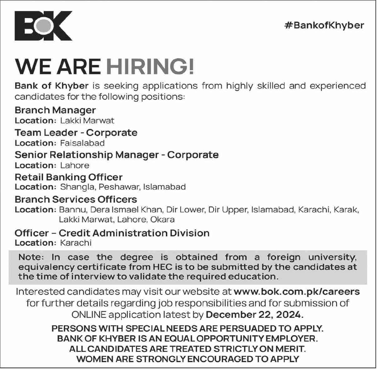 Bank of Khyber BOK Jobs 2024 