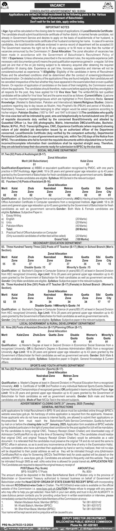 Balochistan Public Service Commission BPSC Jobs Advertisement No. 18/2024