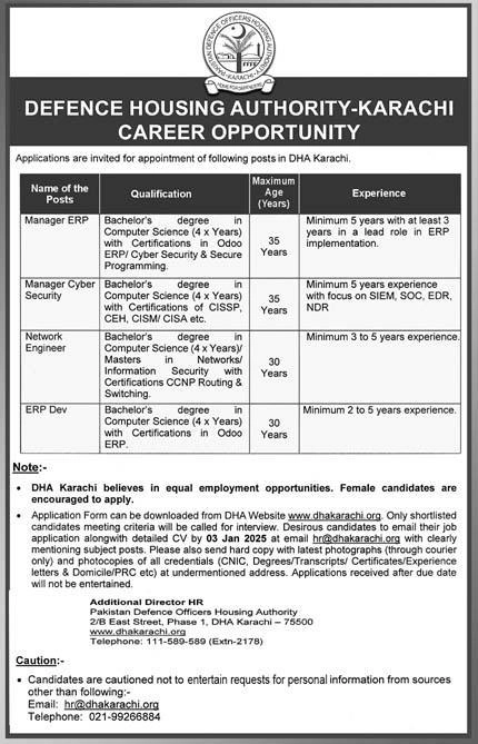 Defence Housing Authority DHA Karachi Jobs 2025