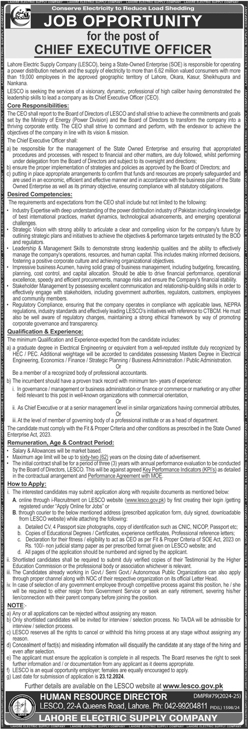 Lahore Electric Supply Company LESCO Jobs 2024 