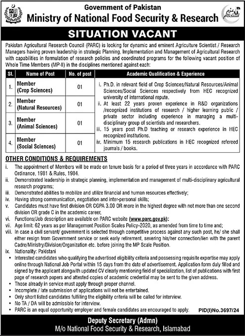 Ministry of National Food Security & Research Jobs 2024