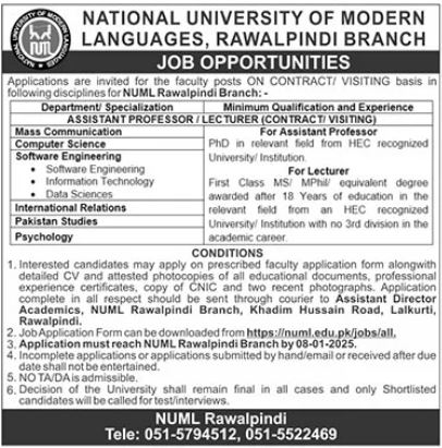 National University of Modern Languages Rawalpindi Branch Jobs 2025