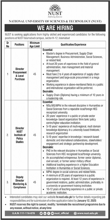 National University of Science & Technology NUST Jobs 2025