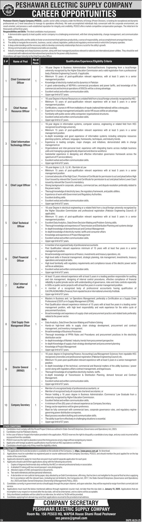 Peshawar Electric Supply Company PESCO Jobs 2025