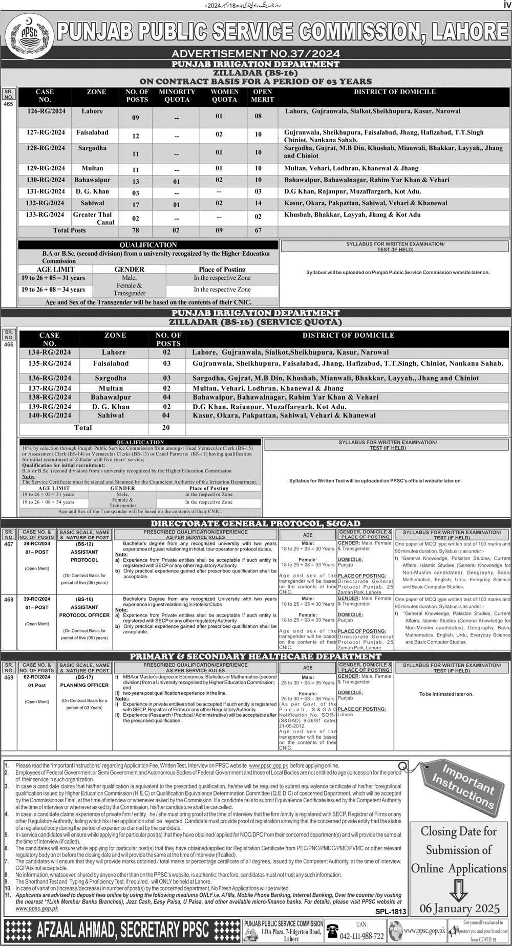 Punjab Public Service Commission PPSC Jobs Advertisement No. 37/2024