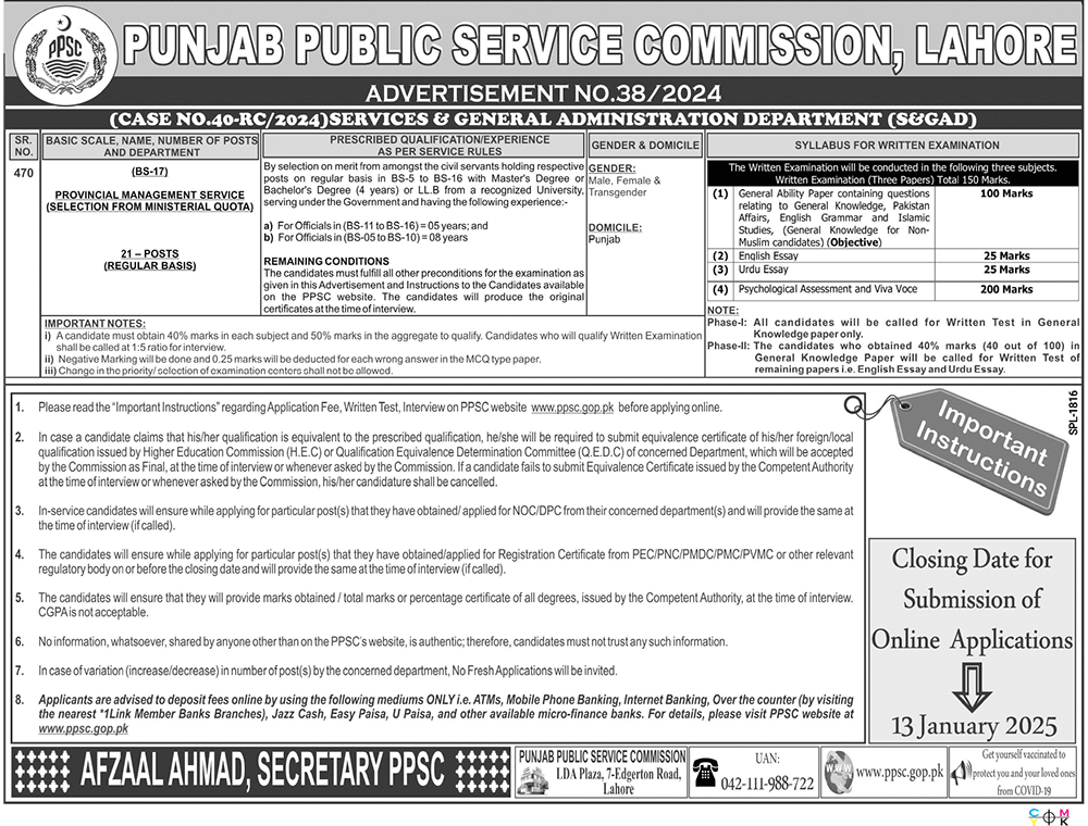 PPSC Jobs Advertisement No. 38/2024