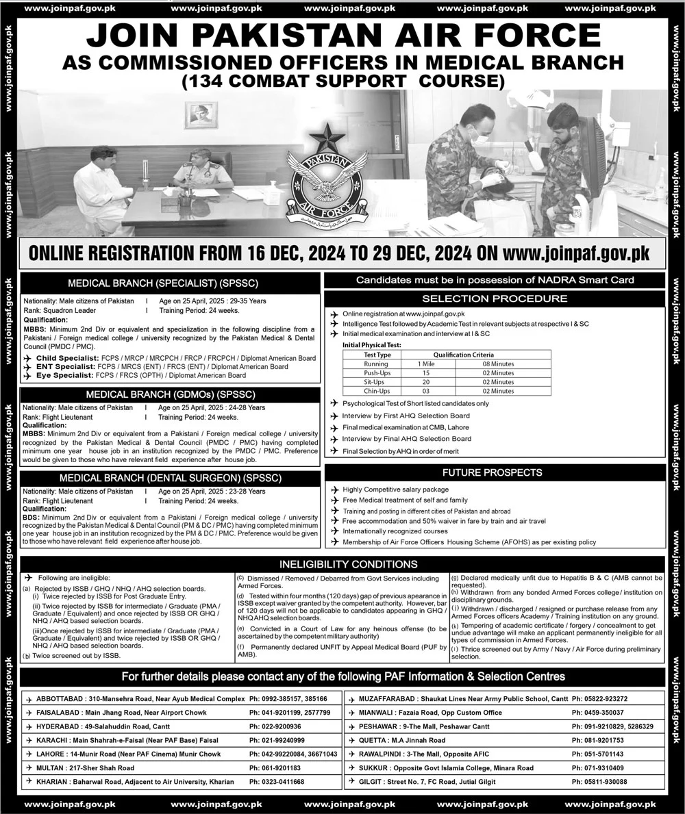  Join Pakistan Air Force as Commissioned Officers in Medical Branch (134 Combat Support Course)