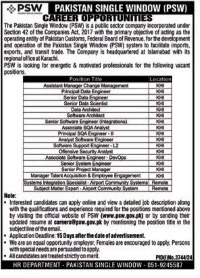 Pakistan Single Window PSW Jobs 2024