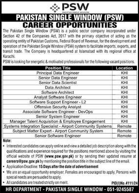 Pakistan Single Window PSW Jobs 2024 