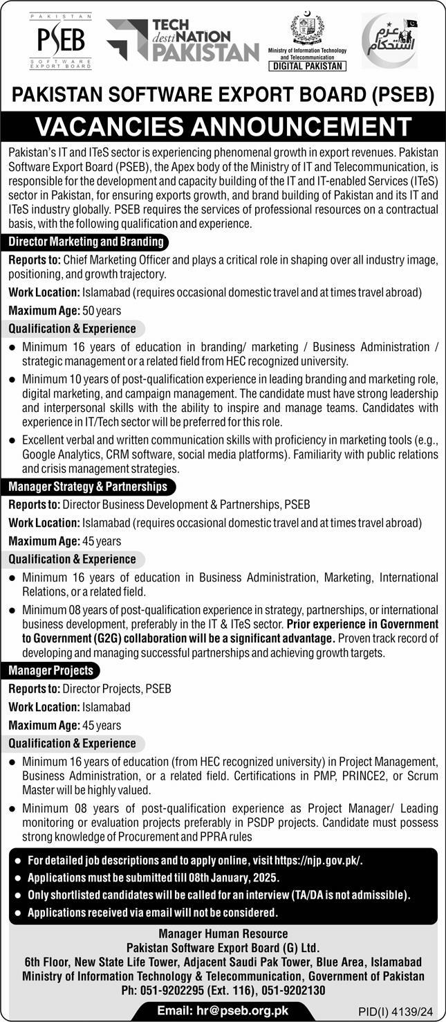 Pakistan Software Export Board PSEB Jobs 2024