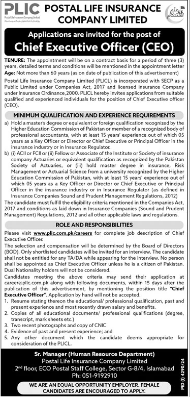 Postal Life Insurance Company Limited PLIC Chief Executive Officer Jobs 2025