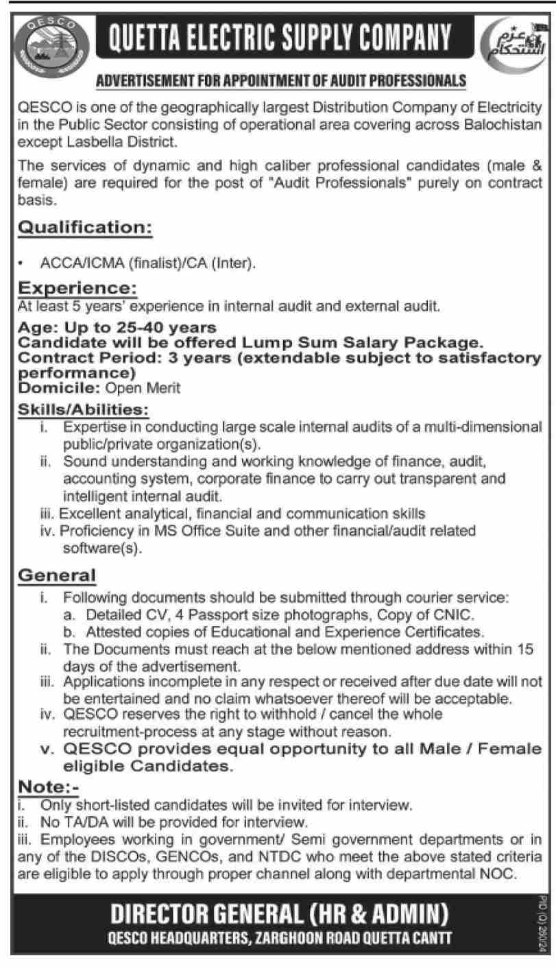 Quetta Electric Supply Company QESCO for Audit Professional Jobs 2025