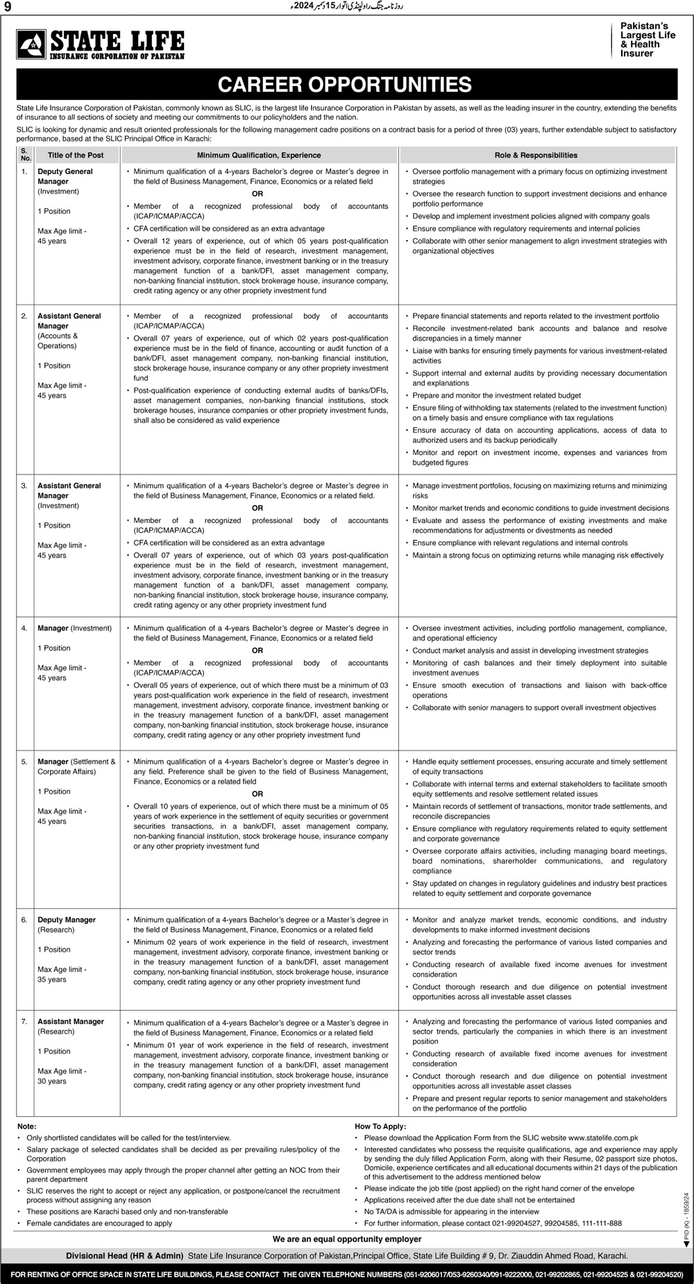 State Life Insurance Corporation of Pakistan SLIC Jobs 2024 