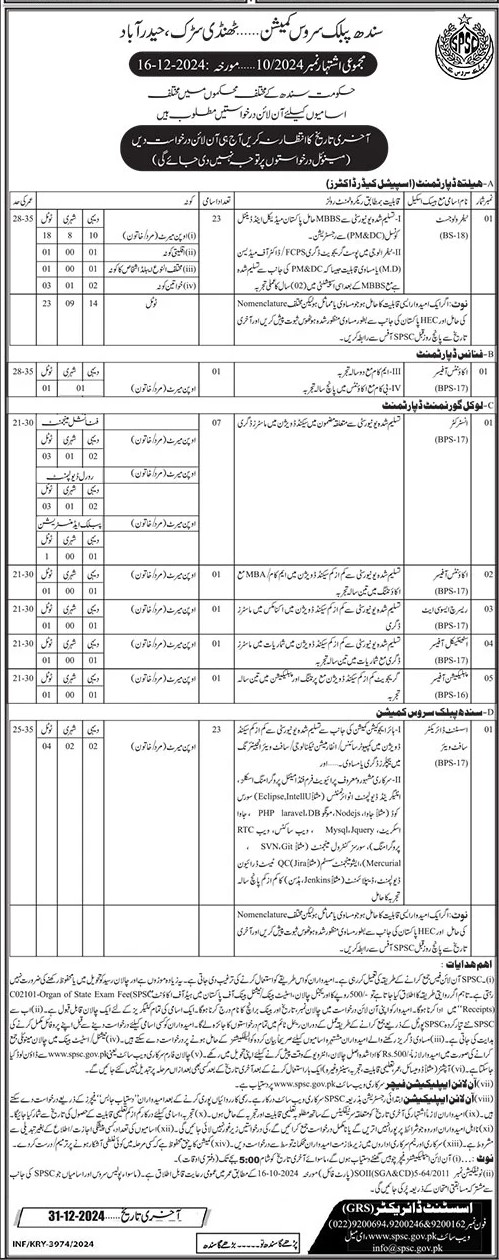 Sindh Public Service Commission SPSC Jobs Advertisement No. 10/2024