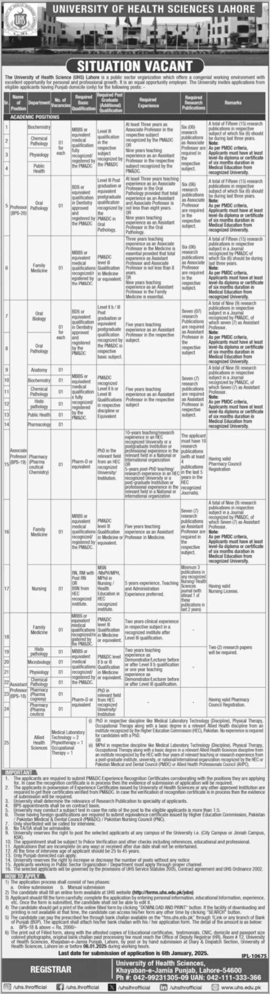 University Of Health Sciences UHS Lahore Jobs 2025