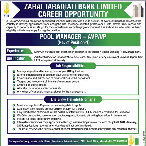 Zarai Taraqiati Bank Limited ZTBL Jobs 2024