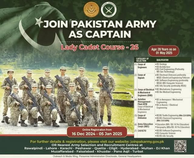 Join Pakistan Army as Captain Jobs 2025 Lady Cadet Course (LCC-26)