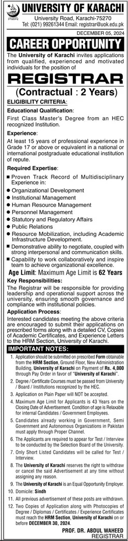 The University of Karachi Jobs 2024