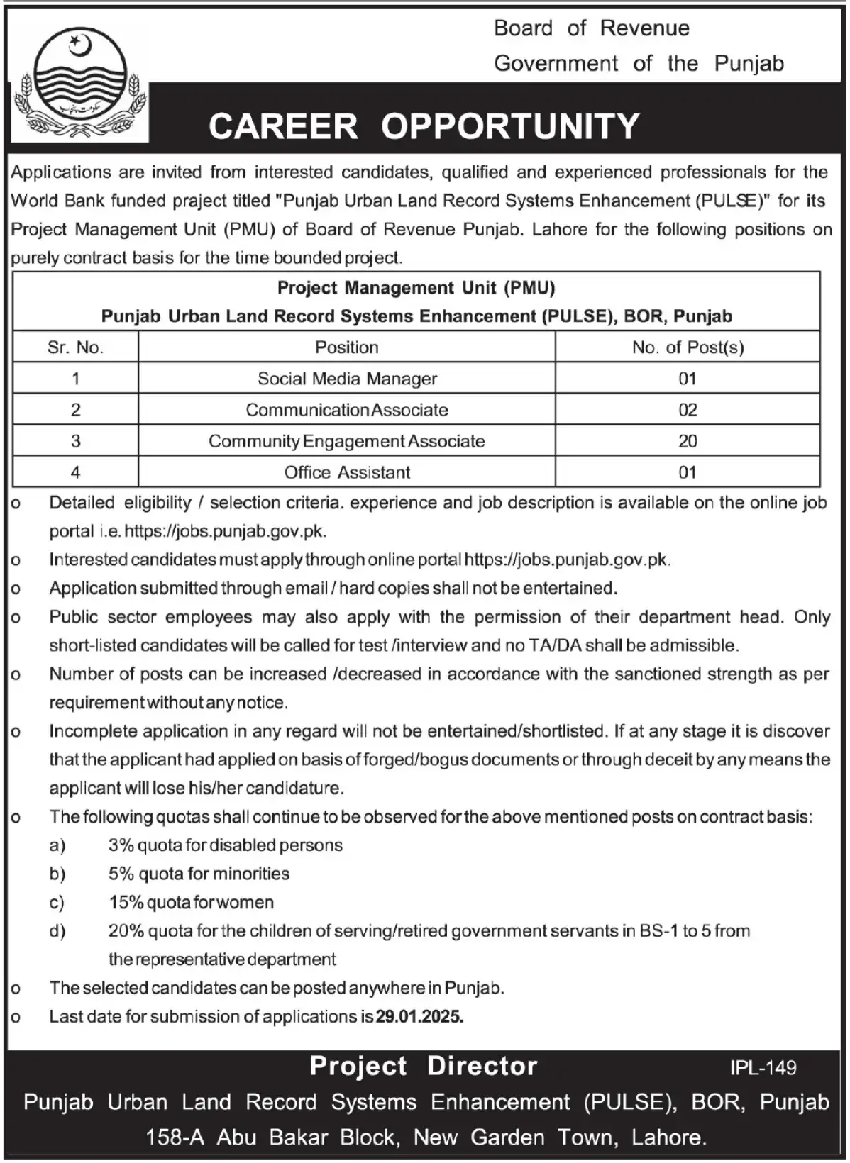 Punjab Urban Land Record Systems Enhancement PULSE Jobs 2025