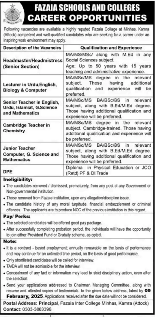 Fazaia College Minhas Kamra Teachers Jobs 2025