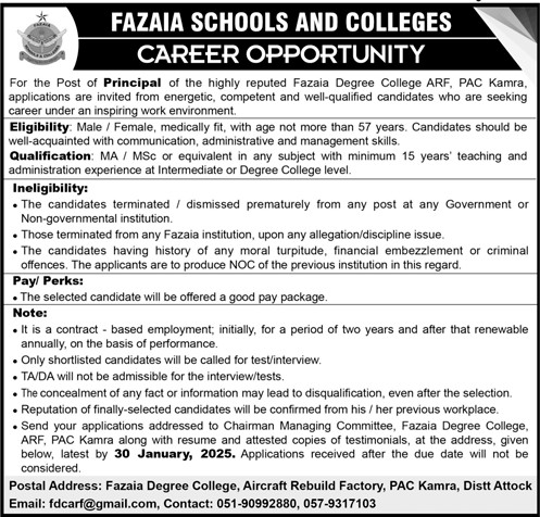 Fazaia Schools and Colleges PAC Kamra Jobs 2025