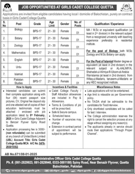 Girls Cadet College Quetta for Teacher Jobs 2025