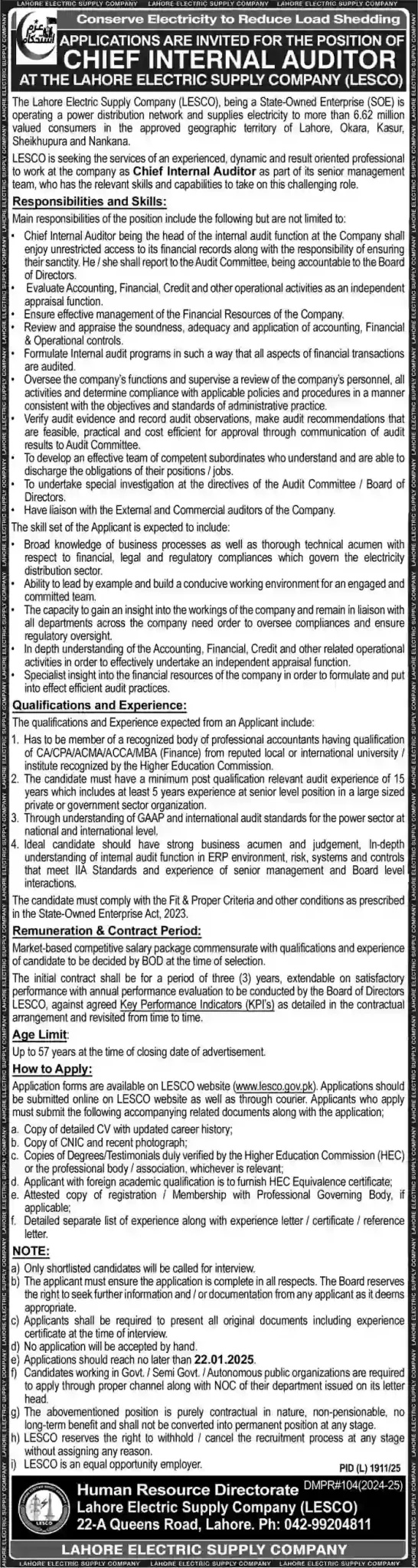 Lahore Electric Supply Company LESCO for Chief Internal Auditor Jobs 2025