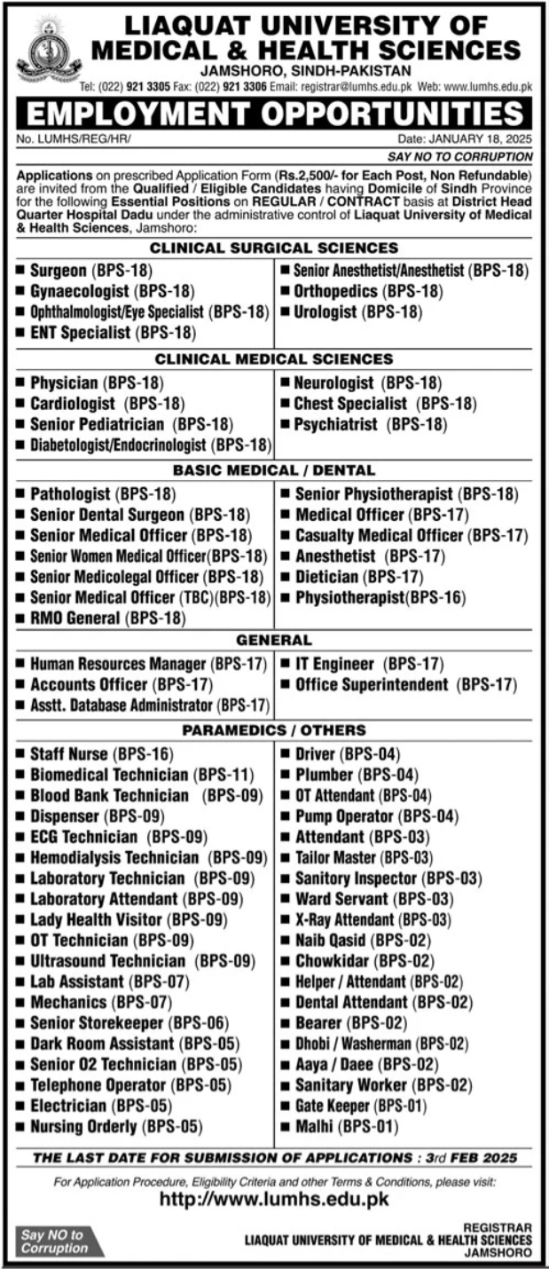 Liaquat University of Medical & Health Sciences (LUMHS) Jobs 2025