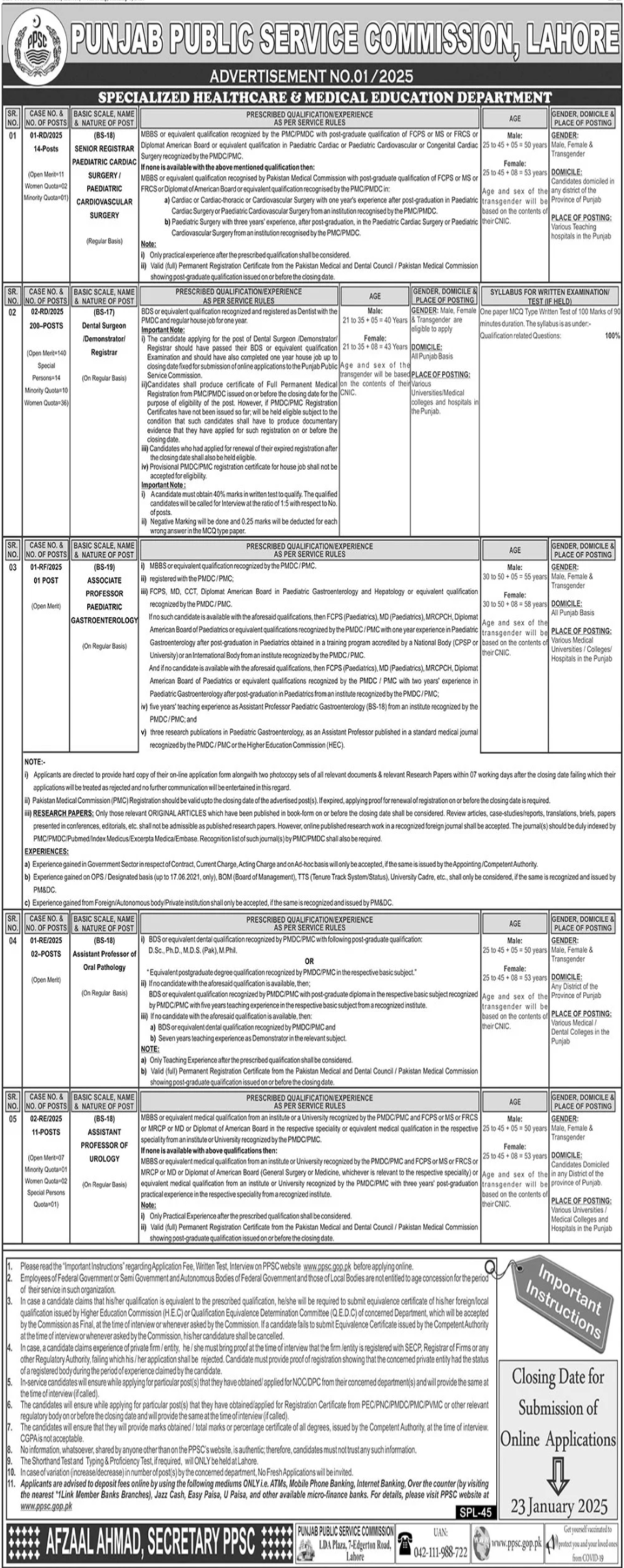 Punjab Public Service Commission PPSC Jobs Advertisement No. 01/2025