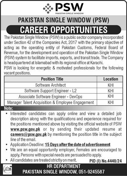 Pakistan Single Window PSW Jobs 2025