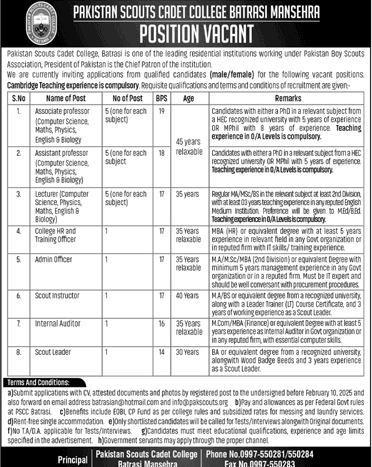 Pakistan Scouts Cadet College Batrasi Mansehra Jobs 2025