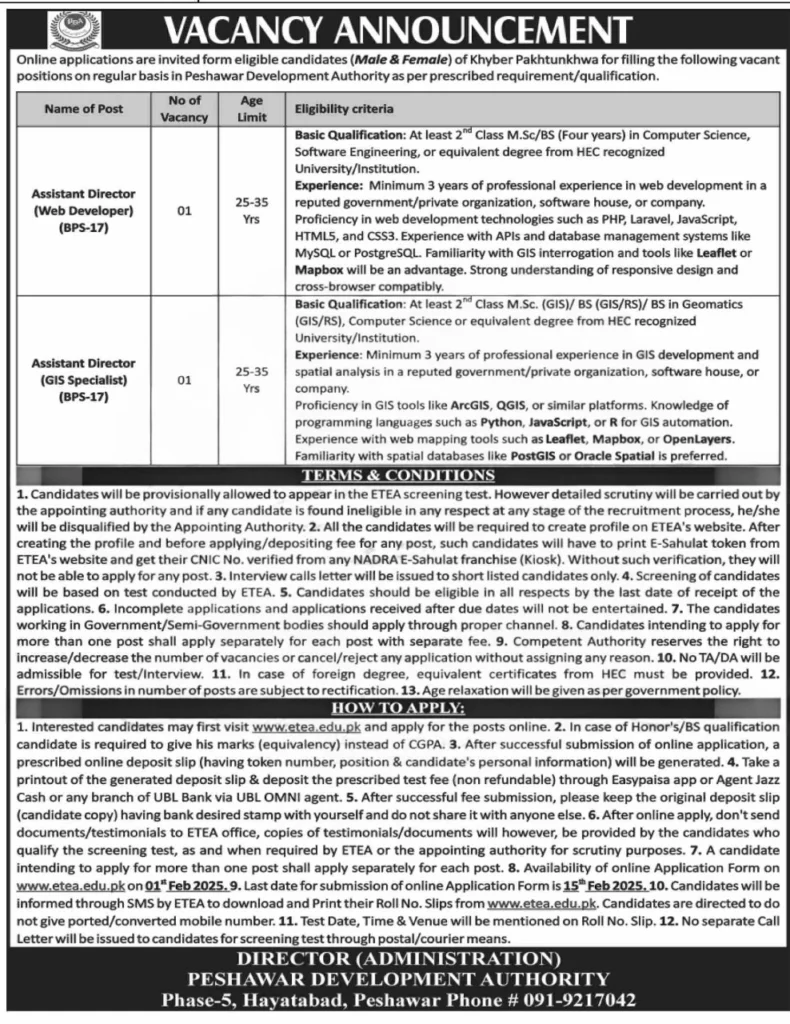 Peshawar Development Authority PDA Jobs 2025