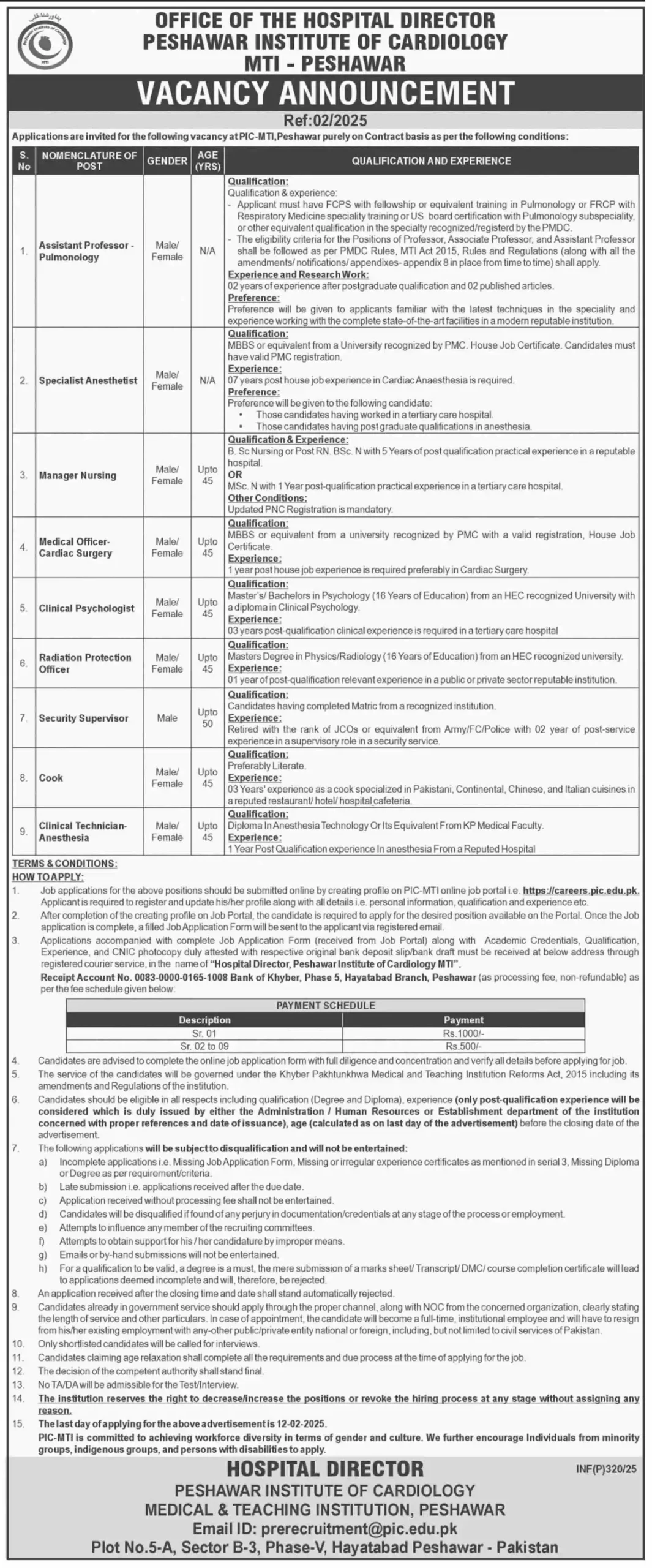 Peshawar Institute of Cardiology PIC Peshawar Jobs 2025