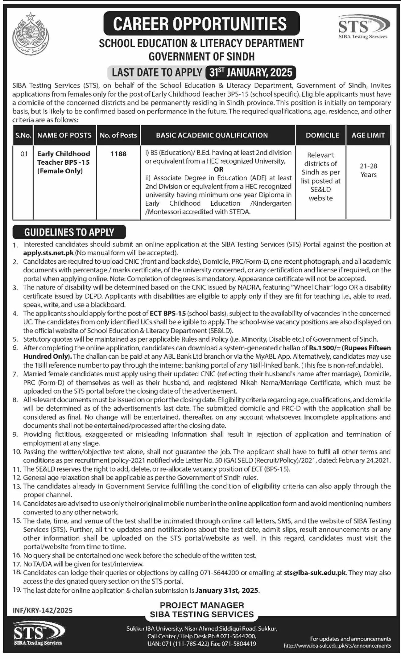 School Education and Literacy Department Sindh for Early Childhood Teacher Jobs 2025