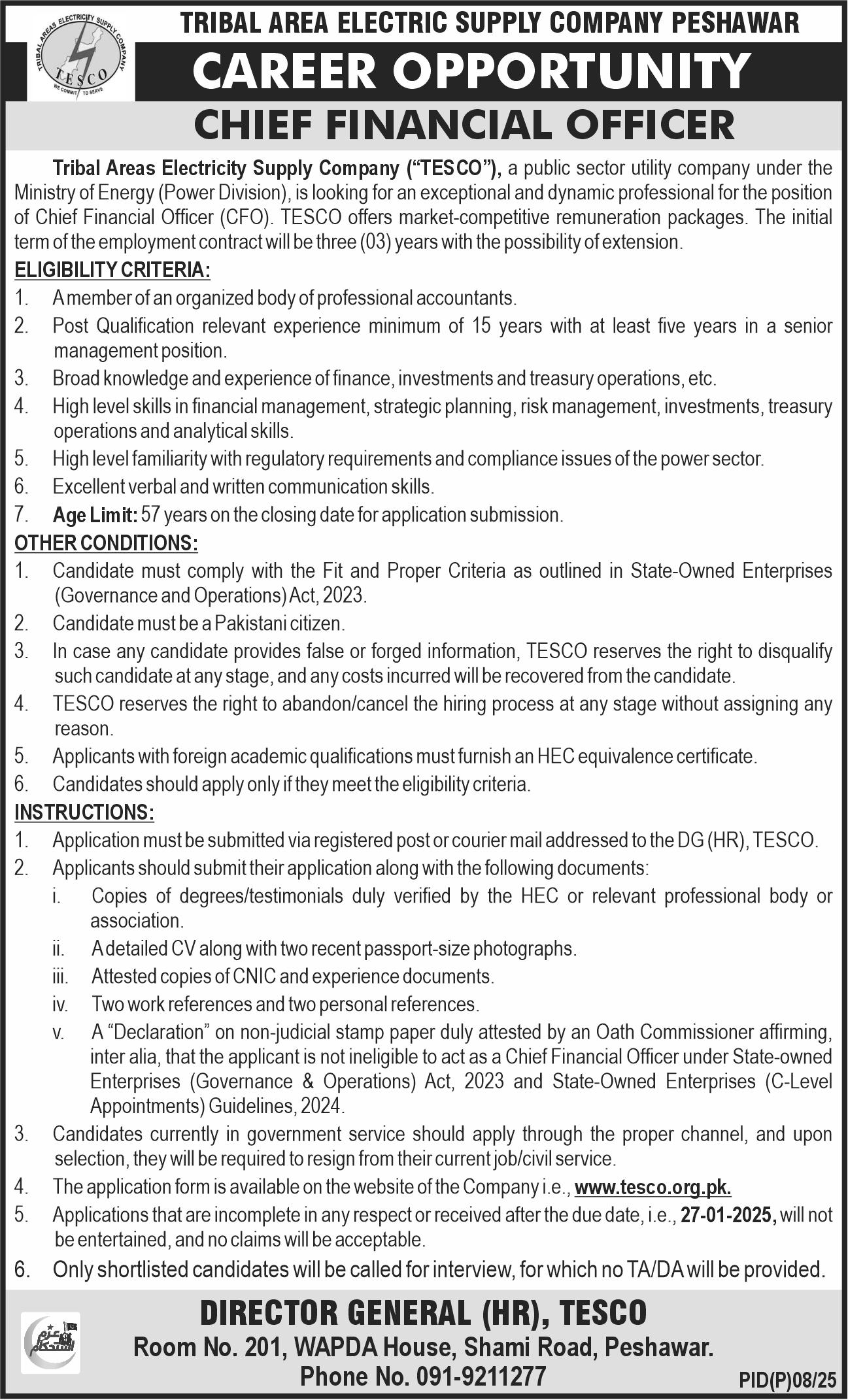 Tribal Areas Electricity Supply Company TESCO Jobs 2025