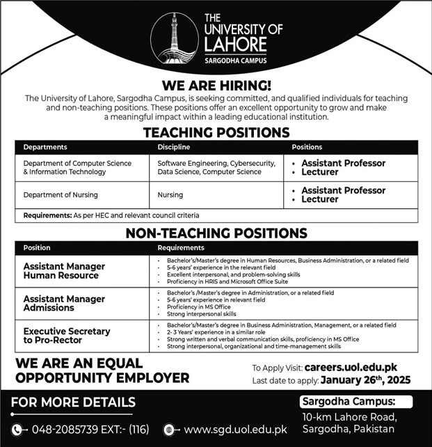 The University of Lahore UOL Sargodha Campus Jobs 2025