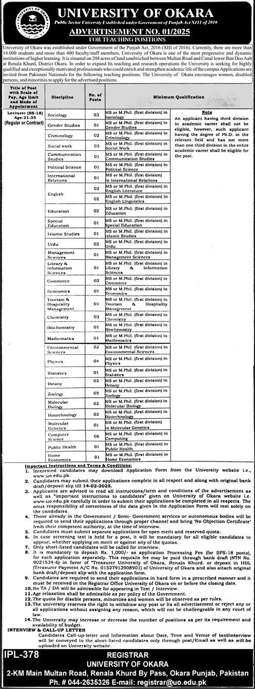 University of Okara Lecturers jobs 2025