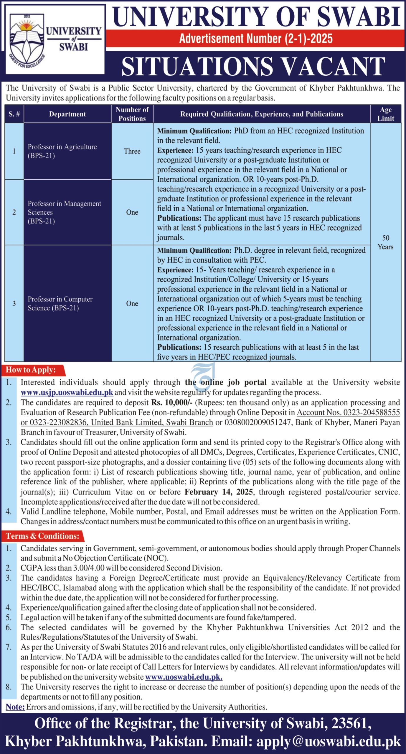 University of Swabi Jobs 2025 