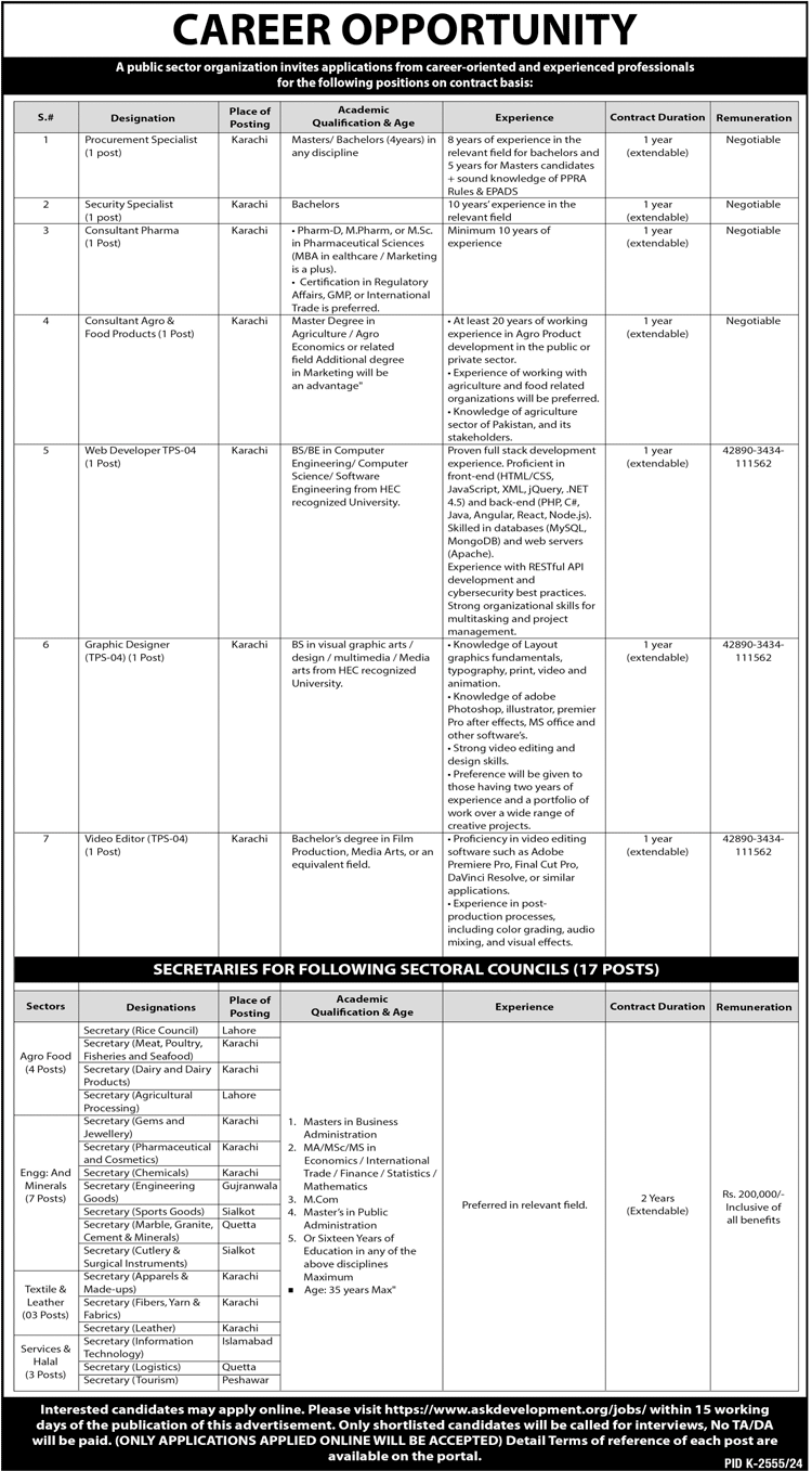 Public Sector Organization Karachi Jobs 2025