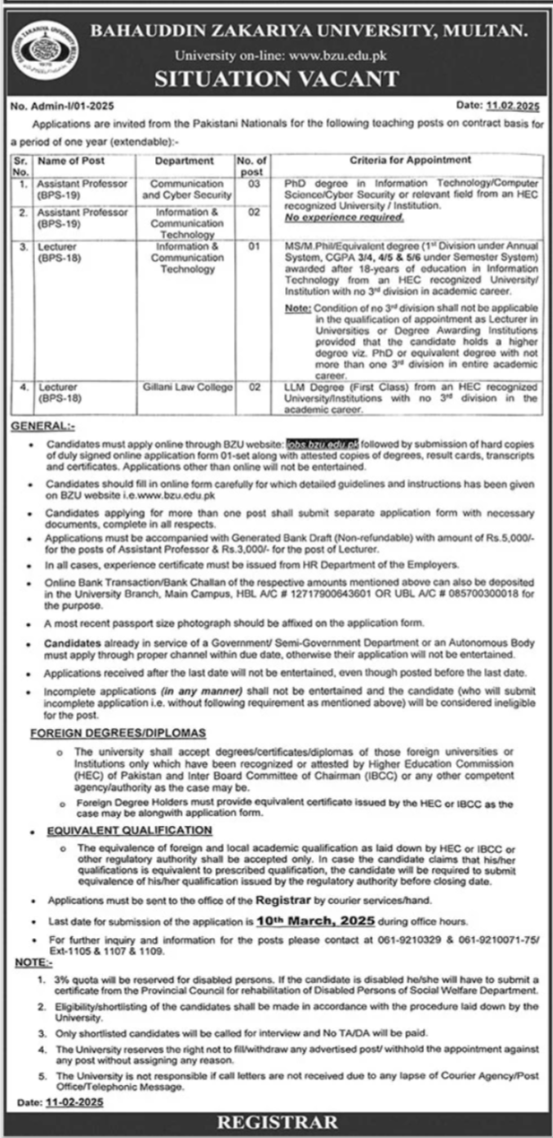 Bahauddin Zakariya University BZU Multan Jobs 2025 